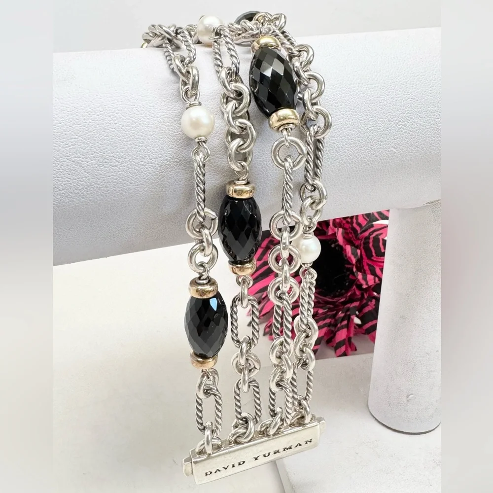 David Yurman Four Strand Figaro Black Onyx & Pearl Beaded .925 18K Gold Bracelet